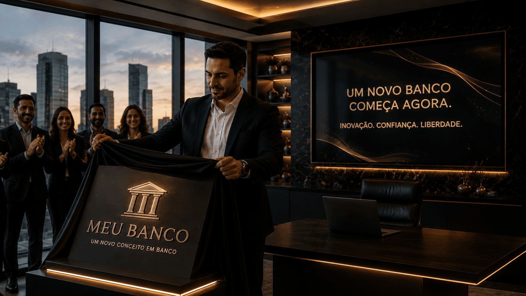 Empresário revelando a inauguração de um banco digital com a infraestrutura Vexa