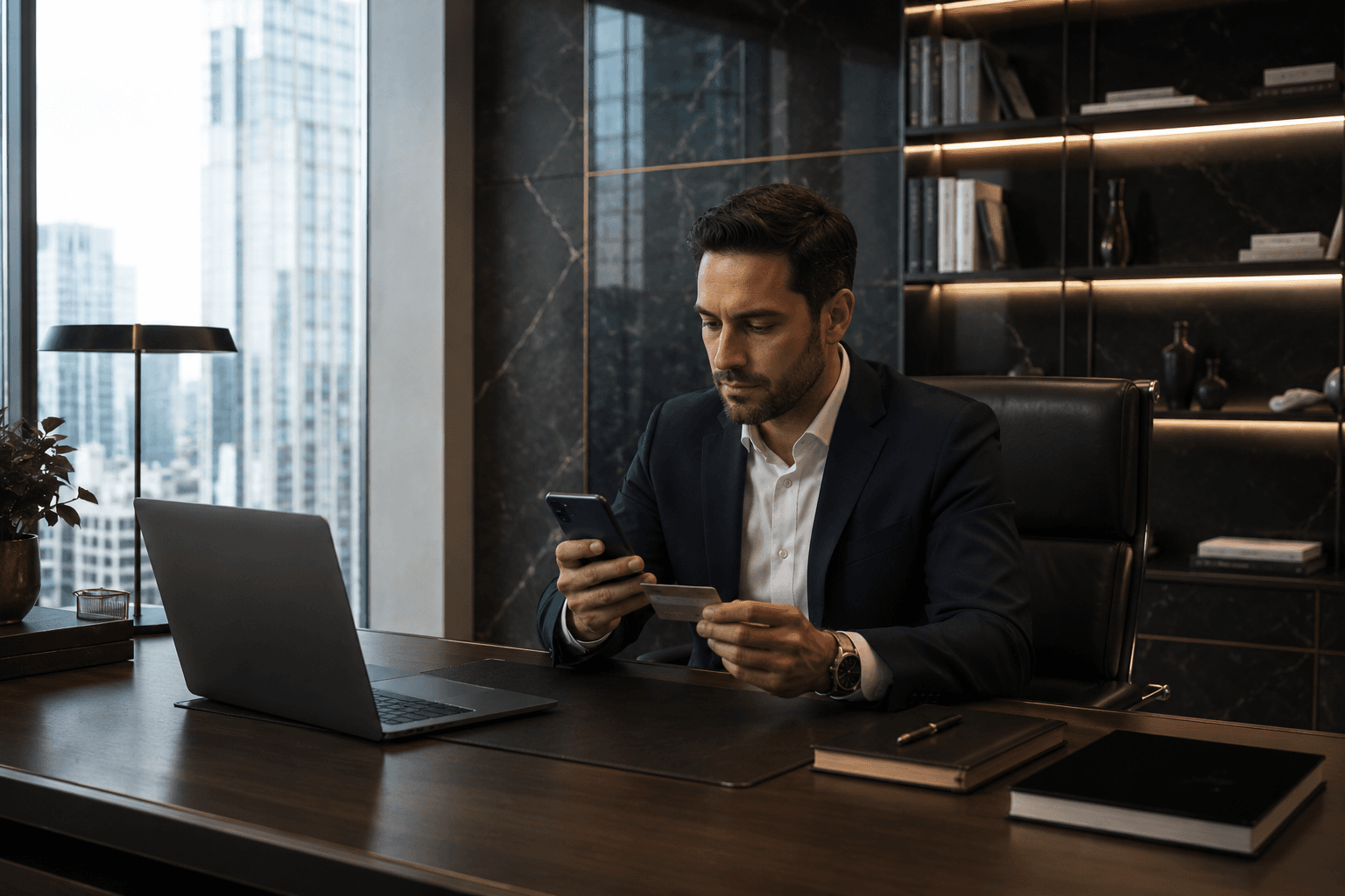 Profissional utilizando smartphone e cartão