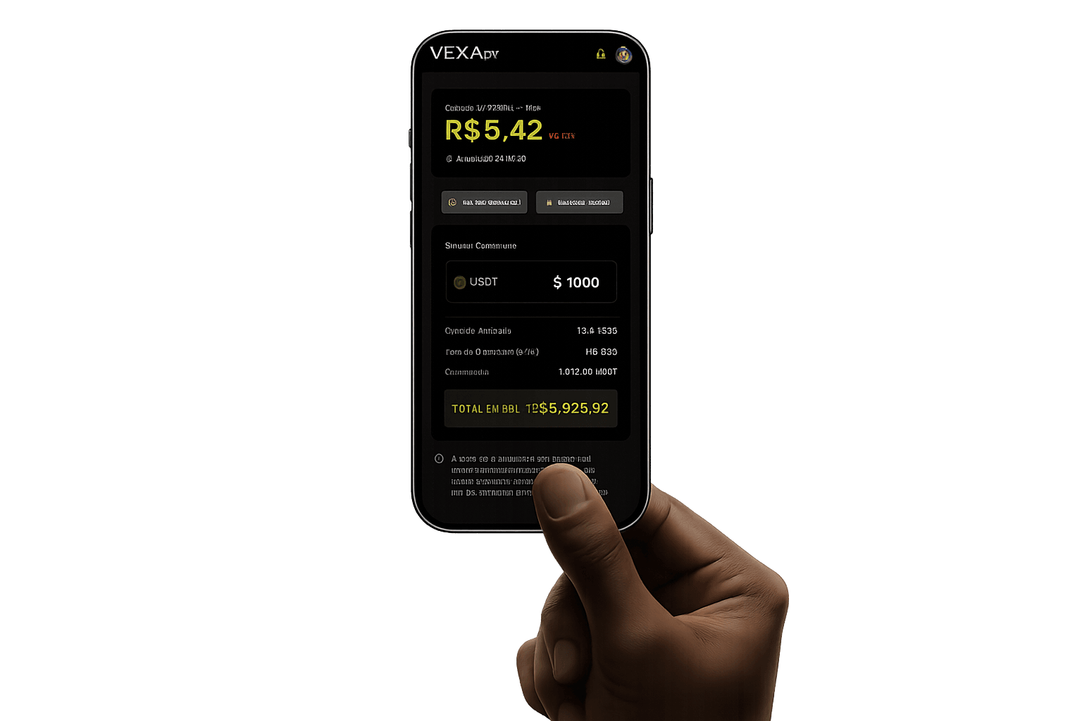 App Vexa Pay exibindo cotação e simulação de conversão internacional